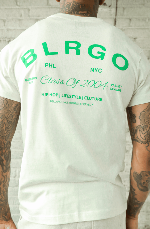 ack View of BLRGO Alumni SUPIMA® Cotton T-shirt in Cream, featuring iconic Bellargo branding