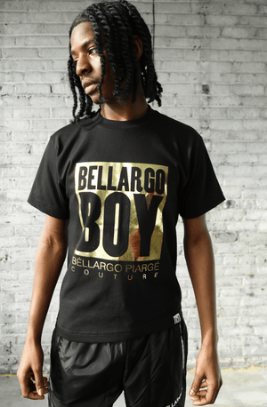 Bellargo Boy Metallic Gold T-shirt Front View, featuring iconic Bellargo logo