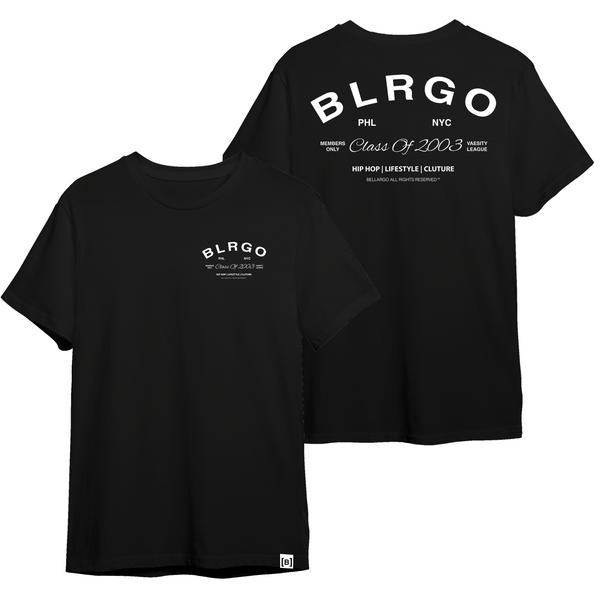 Black T-shirt front and back view: "Black BLRGO Alumni Supima Cotton T-shirt - Unisex fit and unmatched softness for a touch of Bellargo elegance.