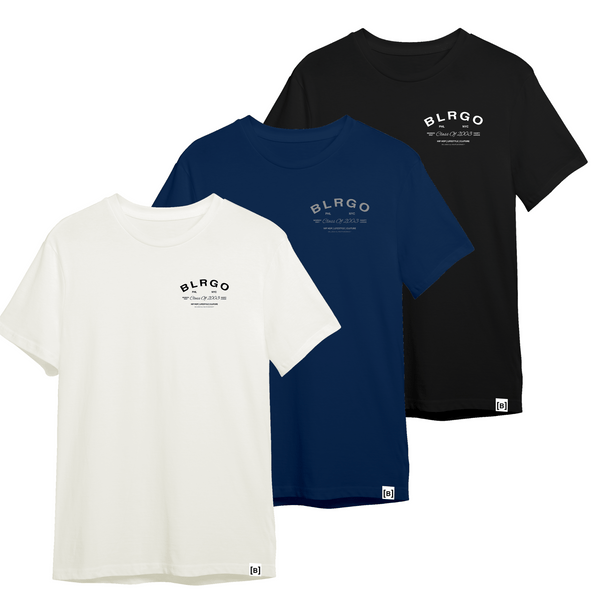 BLRGO Alumni Supima Cotton T-shirt in Bone, Navy, and Black - Elevate your style with Bellargo's iconic comfort and quality.