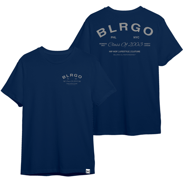 Navy T-shirt front and back view: "Navy BLRGO Alumni Supima Cotton T-shirt - Dive into the luxury of comfort with Bellargo's timeless design.