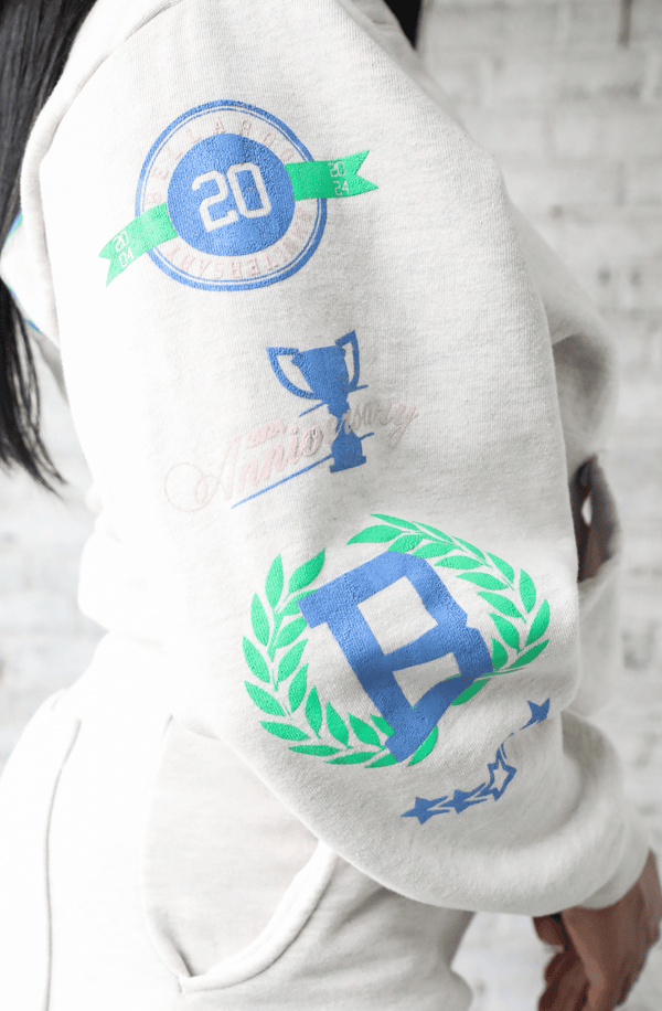 Bellargo 20th Anniversary Limited Edition Graduation Fleece Pullover Arm Details View with Screen Print Graphics