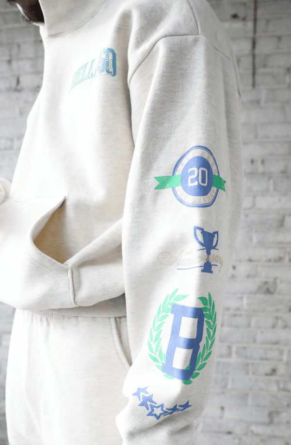 Bellargo 20th Anniversary Limited Edition Graduation Fleece Pullover Arm View, Unisex Oversized Fit